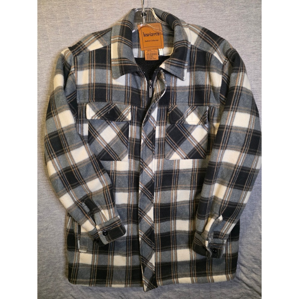 1504 Karizma Plaid Fleece Shirt Jacket Mens Medium Grey Black Zip Up Shacket